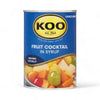 Koo Fruit Cocktail in Syrup 410g can with mixed cubed peaches, pears, grapes, pineapple, and cherries