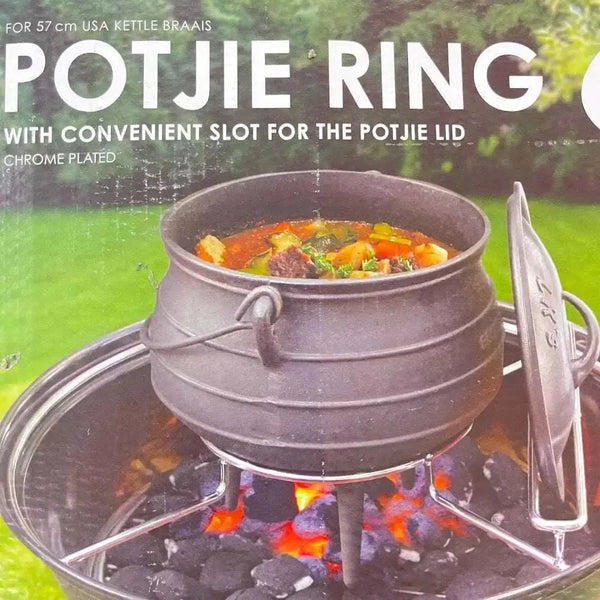 LK Potjie Ring chrome-plated for 57cm USA kettle braais with pot lid slot for outdoor cooking stability