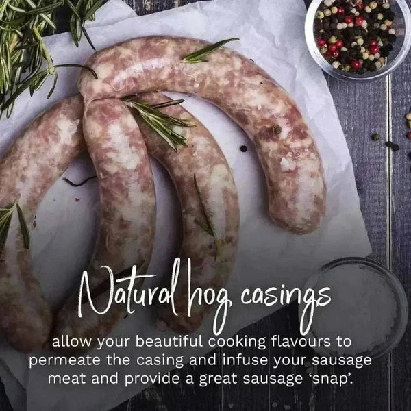 Raw sausages made with natural hog casings showing traditional shape