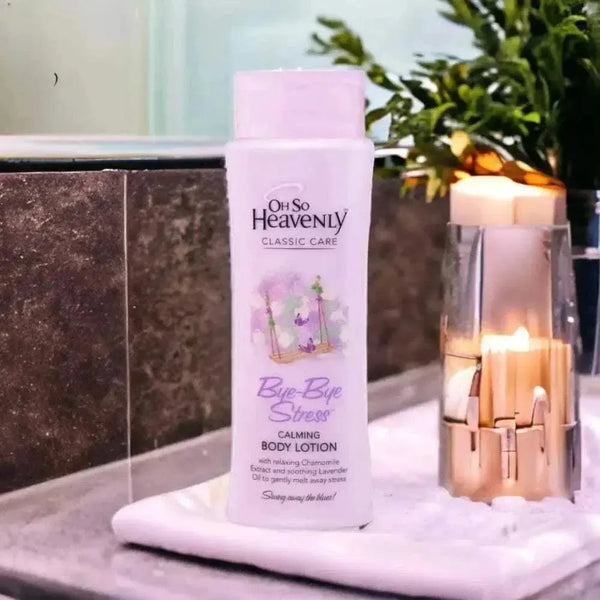 Oh So Heavenly Classic Care Bye Bye Stress body lotion bottle with lavender and chamomile for calming and moisturizing skin