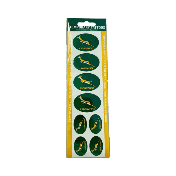 Pack of official Springboks olive temporary tattoo strips with Springbok logo designs on skin