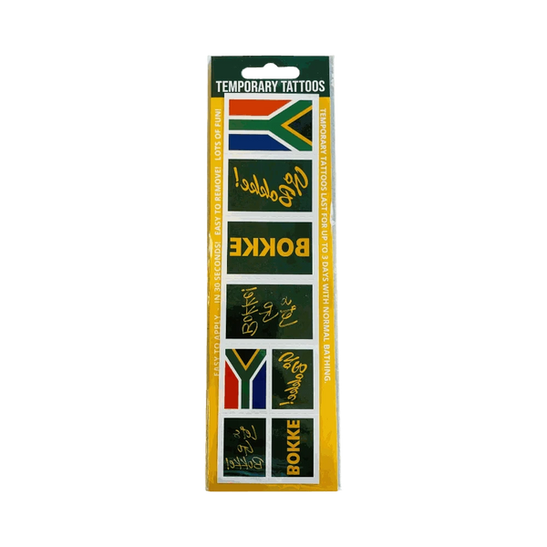 Assorted South African flag and "Go Bokke" supporter olive temporary tattoos on skin