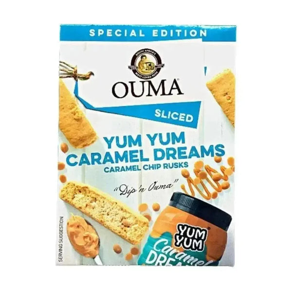 Ouma Rusks Yum Yum Caramel Dreams 500g package with tea cup and crumbs