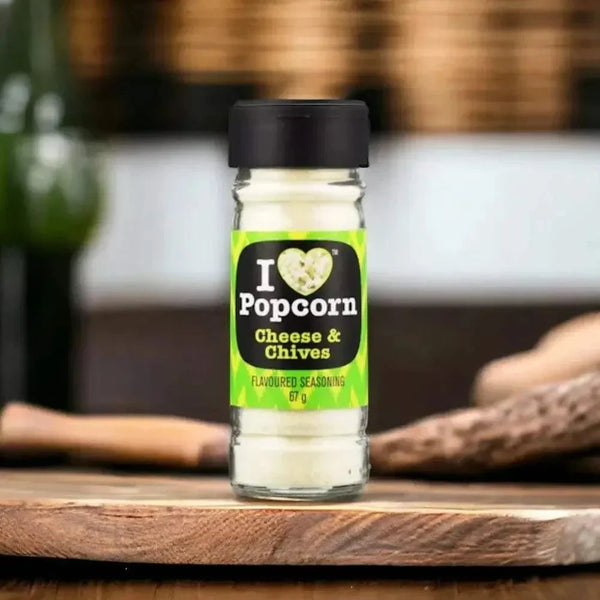 Popcorn Delight Cheese & Chives Popcorn Seasoning 67g bottle with cheesy popcorn snack