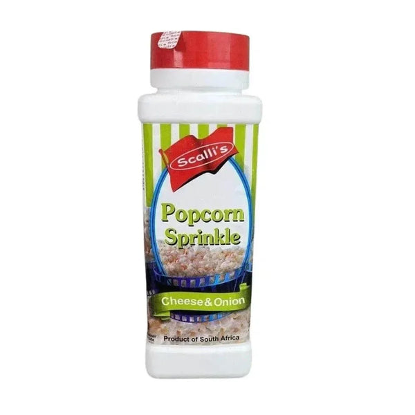 Scalli's 500ml Popcorn Sprinkle Cheese & Onion seasoning container from South Africa