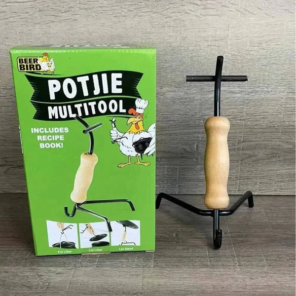 Beerbird Potjie Multitool steel tool with wooden handle for lifting and moving potjie pot and lid