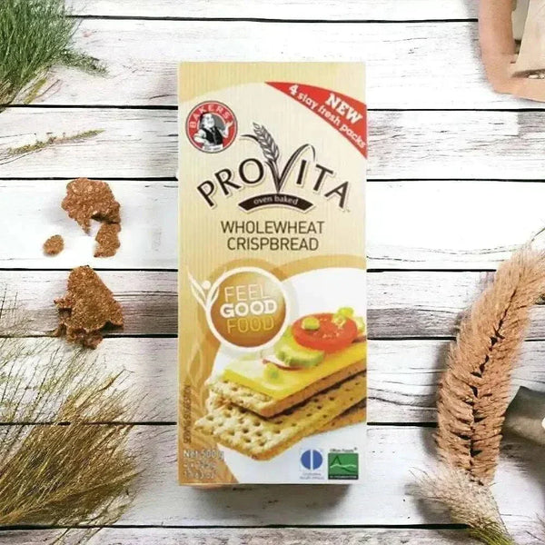 Bakers Provita Crispbread wholewheat 500g package showcasing healthy, fiber-rich low GI crispbread snack