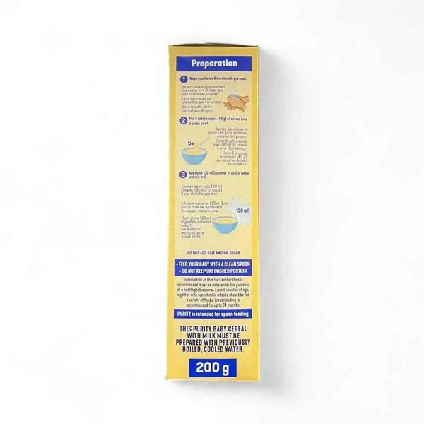 Purity Cereal with Milk & Honey 200g box showing preparation instructions for baby cereal mixing with boiled cooled water.