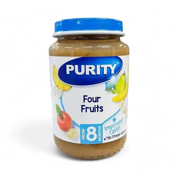 Purity Puree Jar Four Fruits baby food blend with apple, pear, banana, and pineapple in 200ml jar