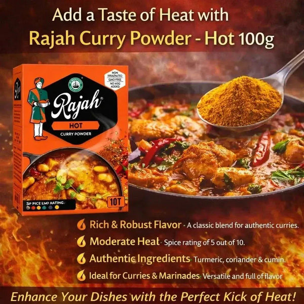 Rajah Curry Powder Hot 100g pack with turmeric, coriander, and cumin for authentic spicy Indian curry flavor