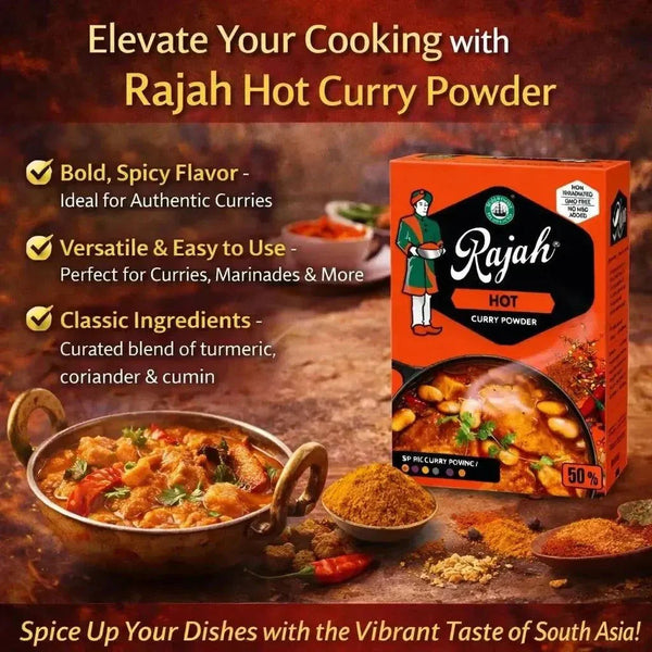 Rajah Curry Powder Hot 100g pack with turmeric, coriander, and cumin for authentic Indian curry flavor and moderate heat