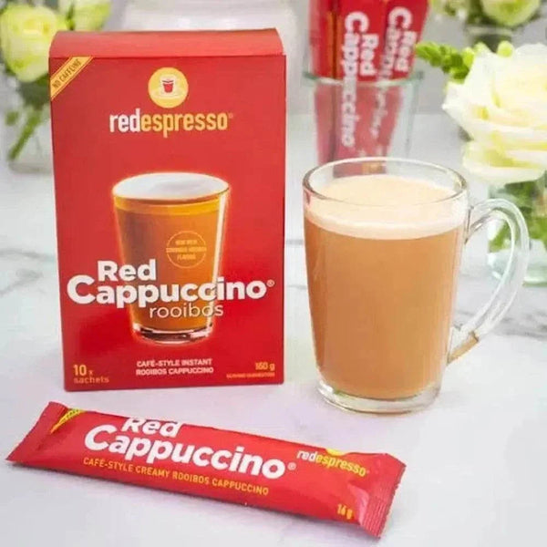 Box of 10 Red Espresso Cappuccino instant sachets with natural, caffeine-free Rooibos flavor