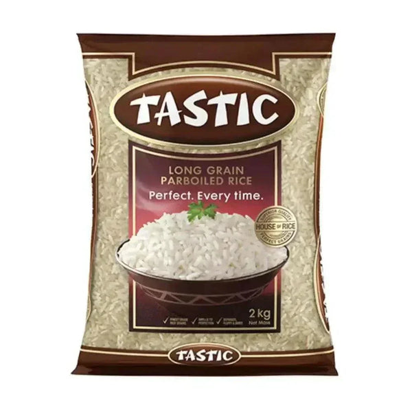 Tastic Long Grain Parboiled Rice 2kg packaging showing fluffy white grains and nutritional benefits