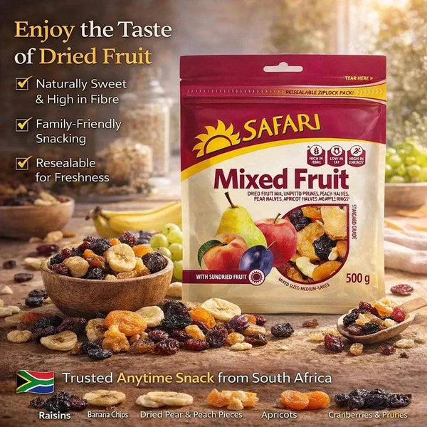 500g pack of Safari Mixed Fruit dried fruit snack with raisins, cranberries, papaya, and banana chips