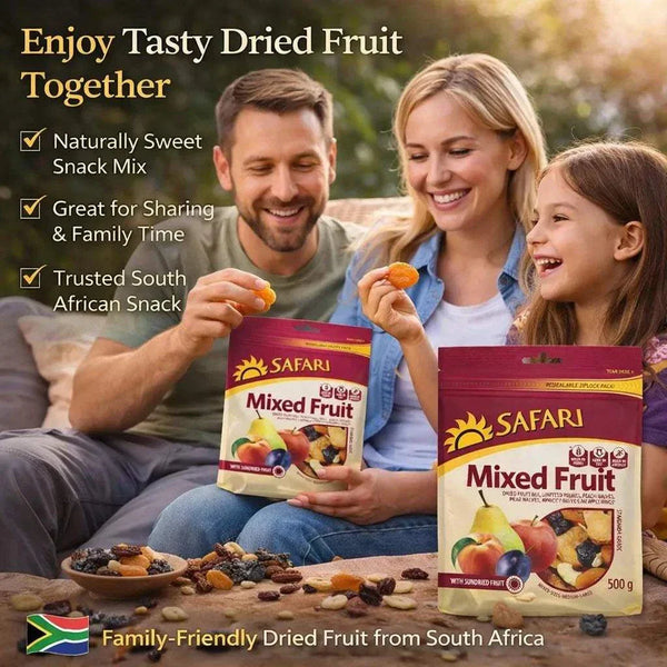 Safari Mixed Fruit 500g pack with mixed dried fruits, ideal snack for lunchboxes or on-the-go