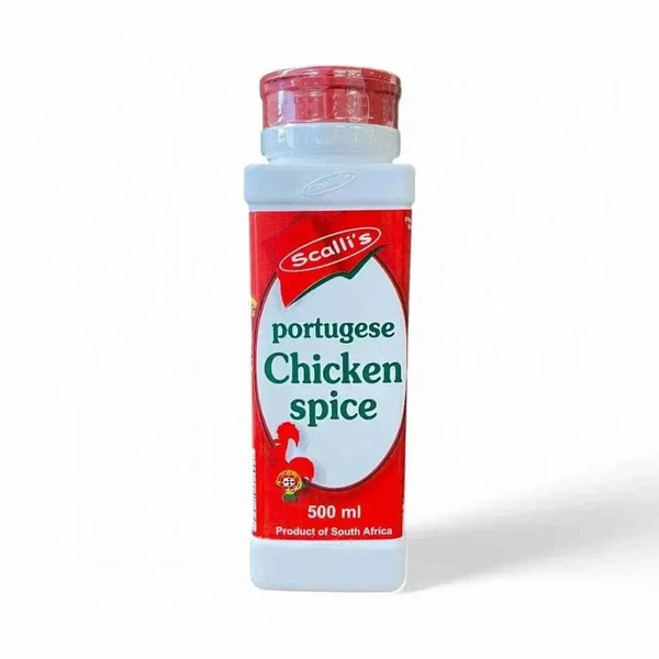 500ml bottle of Scalli's Portuguese Chicken Spice seasoning for chicken dishes