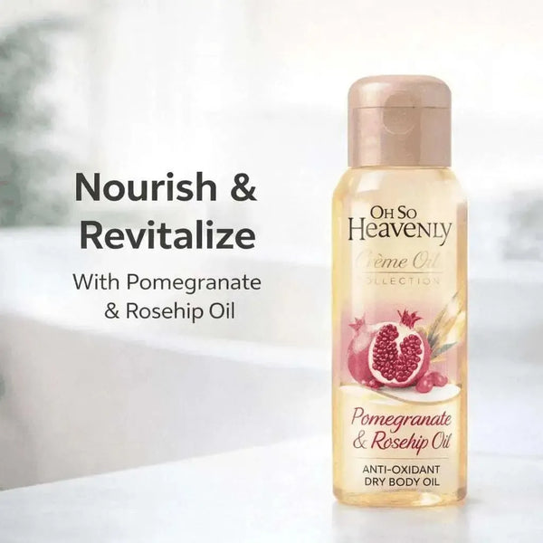 Oh So Heavenly Creme Oil dry body oil bottle with pomegranate and rosehip ingredients for nourishing skin