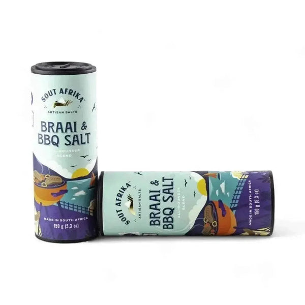 Sout Afrika Artisan Braai & BBQ Salt shaker enhancing grilled meat flavor in 150g container