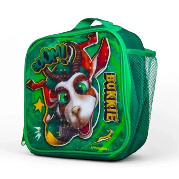 Green Springbok "Bokkie" Lunch Box with mascot design and mesh side pocket for kids