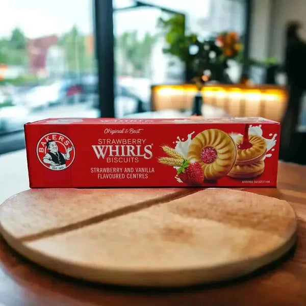 Bakers Strawberry Whirls - 200g packet of bright red strawberry swirl cookies made with real strawberry juice