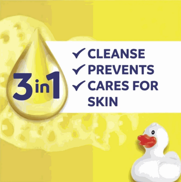 3-in-1 benefits of Sunlight Mild Baby Cleansing Face & Body Bar Soap with rubber duck illustration.