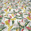Beige tablecloth with pink and mustard tropical flowers for elegant dining