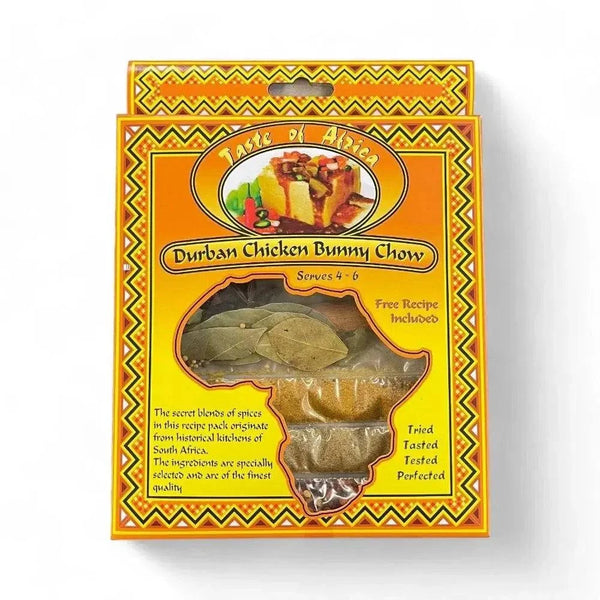 Taste of Africa Durban Chicken Bunny Chow spice mix packaging with vibrant South African flavors