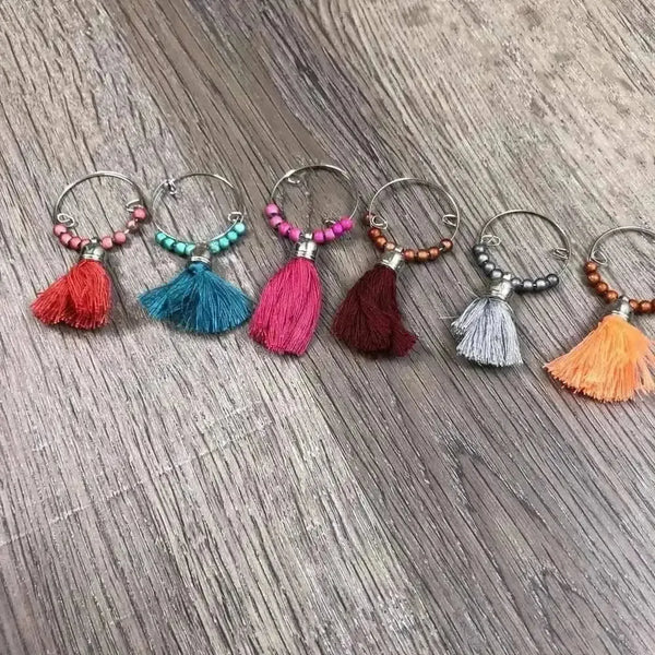 Set of 6 colorful tassel wine glass charms, Wine Glass Charms - Tassels 2, 4cm rings
