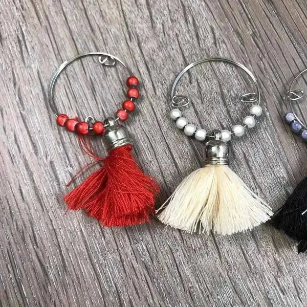Set of 6 colorful Wine Glass Charms - Tassels 3 with 4cm rings
