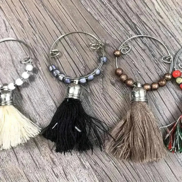 Set of 6 colorful tassel wine glass charms, ring size approx 4cm, Wine Glass Charms - Tassels 3