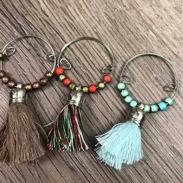 Set of 6 colorful tassel wine glass charms, ring size approx 4cm
