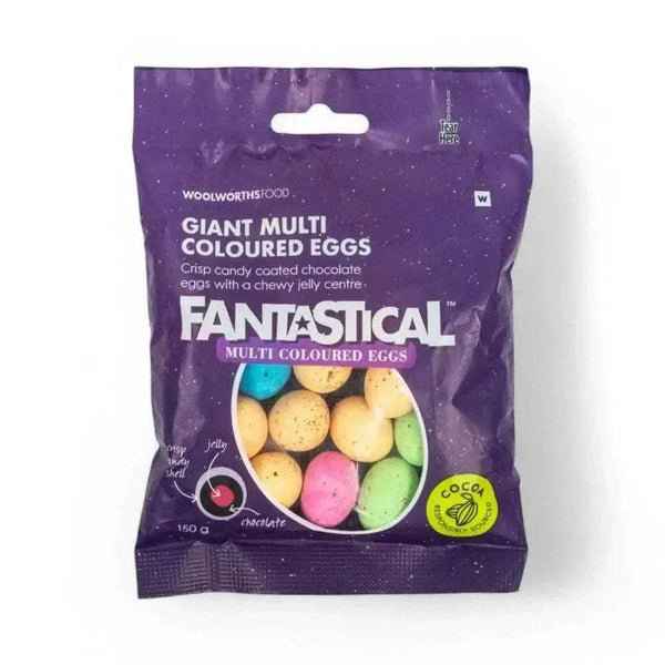 Woolworths Fantastical giant multi-coloured candy-coated chocolate eggs with chewy jelly center.