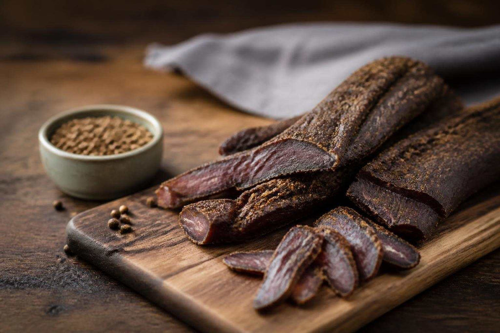 Traditional biltong spice blend ingredients including salt, black pepper, and coriander seeds