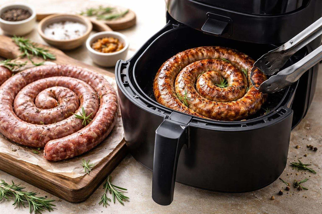 Golden-brown boerewors sausage coil cooking evenly in an air fryer basket