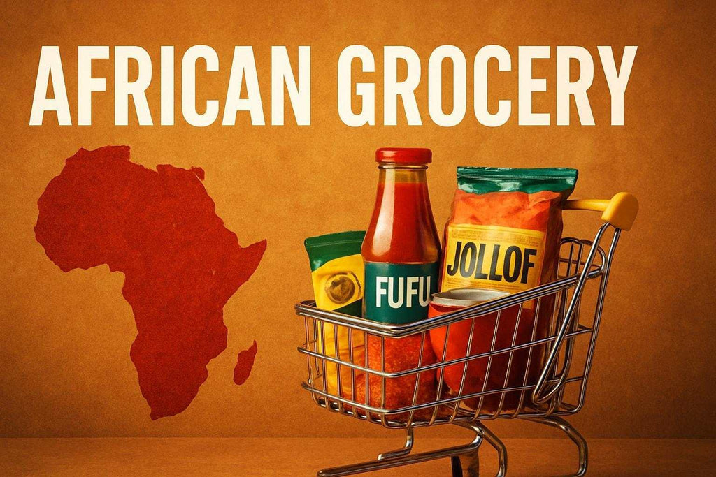 High-quality photo of diverse African grocery products showcasing staple ingredients and regional spices for African Grocery Guide 2026