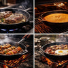 Cast iron cookware skillet, Dutch oven, and braai grid used for traditional cooking and braai grilling