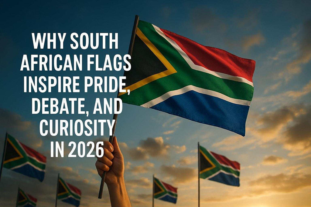 High-quality realistic photograph showing a timeline of the evolution of South African flags from colonial to modern designs