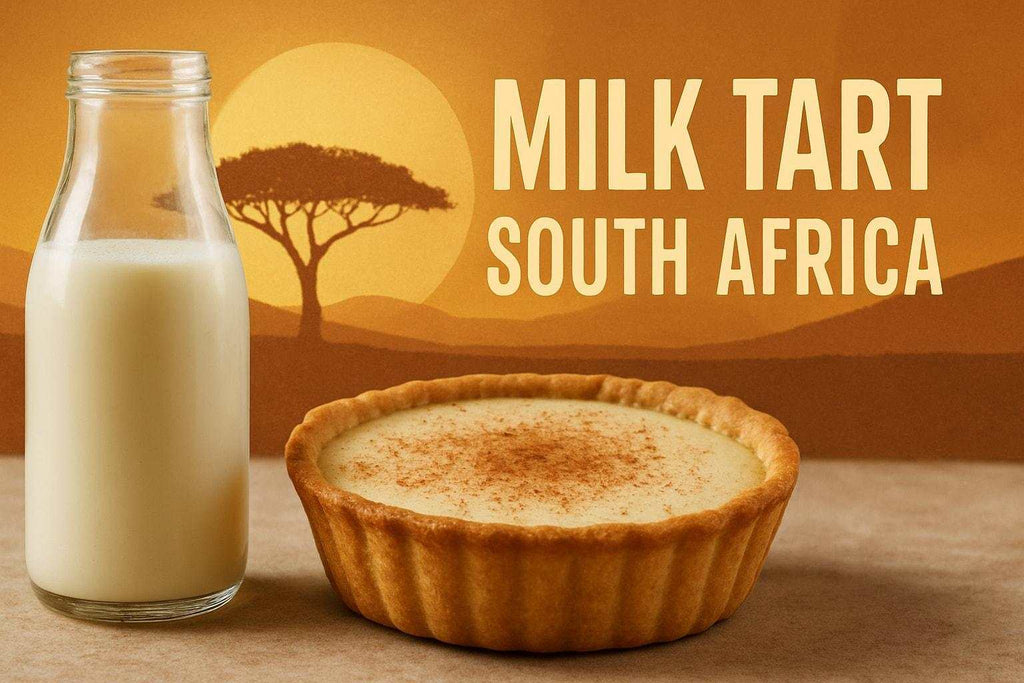 Freshly baked traditional South African milk tart with cinnamon topping on a wooden surface