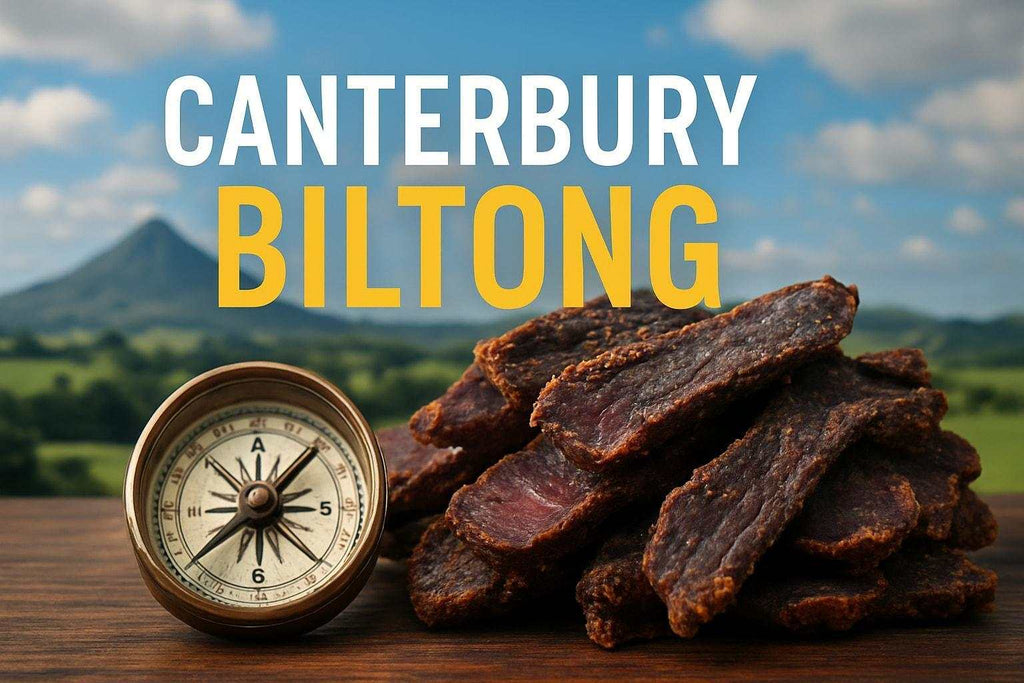High-quality realistic photograph of traditional Canterbury biltong showing cured meat slices