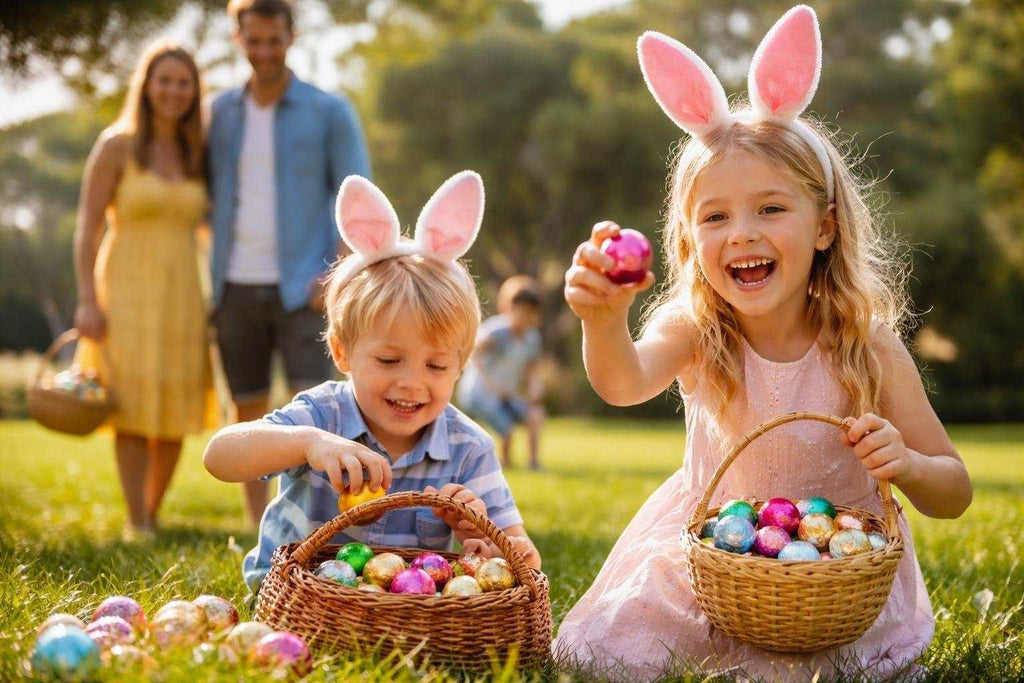 Colorful Easter eggs arranged in a decorative basket celebrating Easter Eggs NZ traditions and chocolate delights
