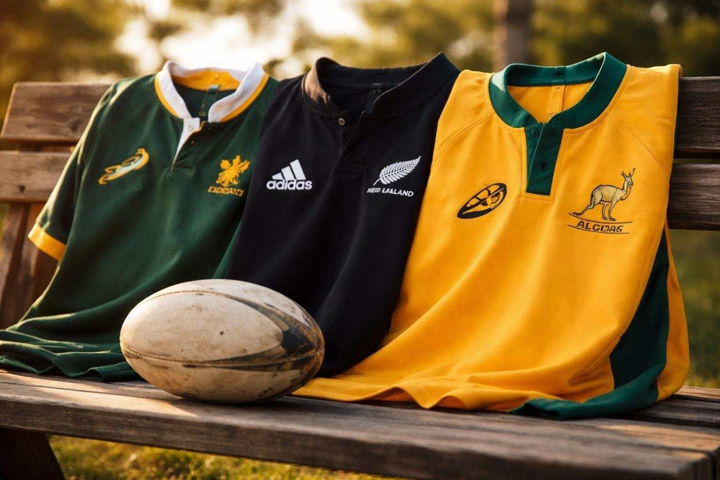 Evolution of rugby jersey fabrics showing traditional cotton and modern synthetic materials