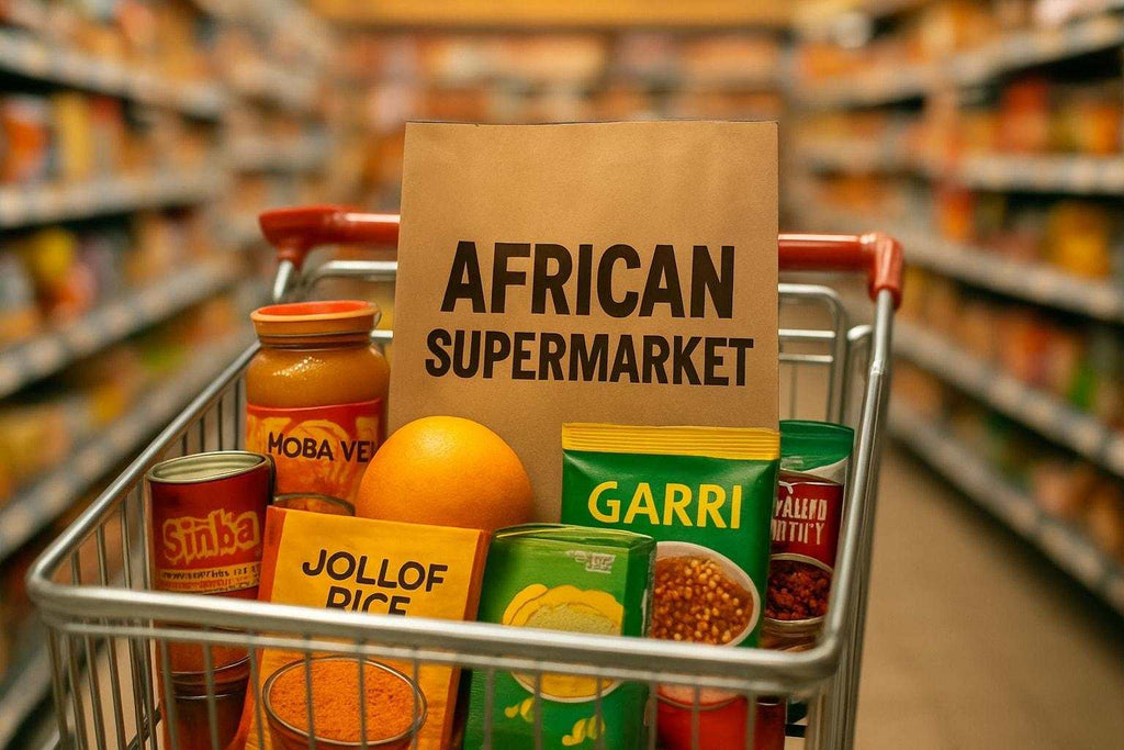 Colorful African spices and products displayed in a vibrant supermarket aisle representing African supermarket gems in 2026