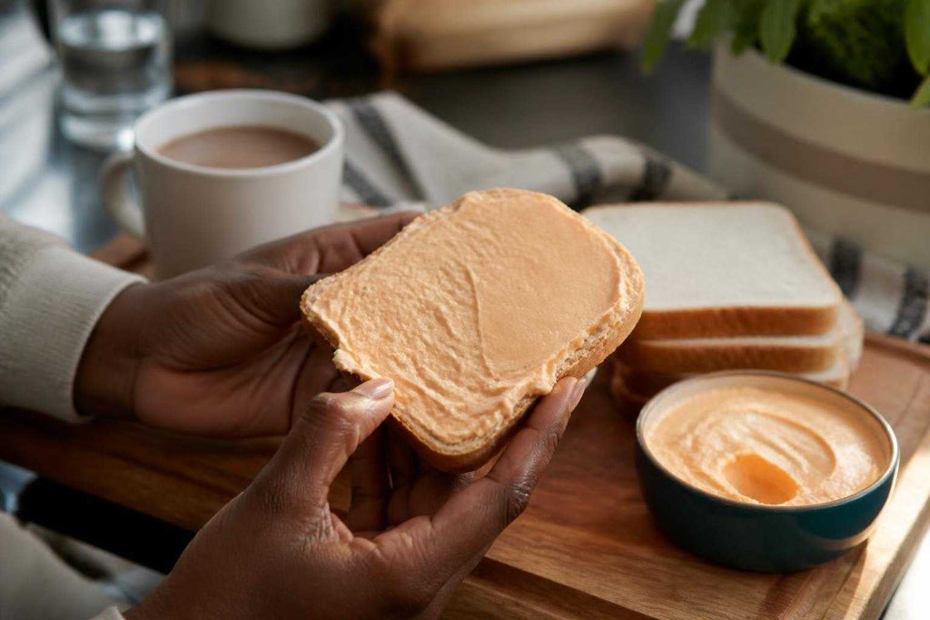 South African cheese spread jar with crackers and bread on wooden board