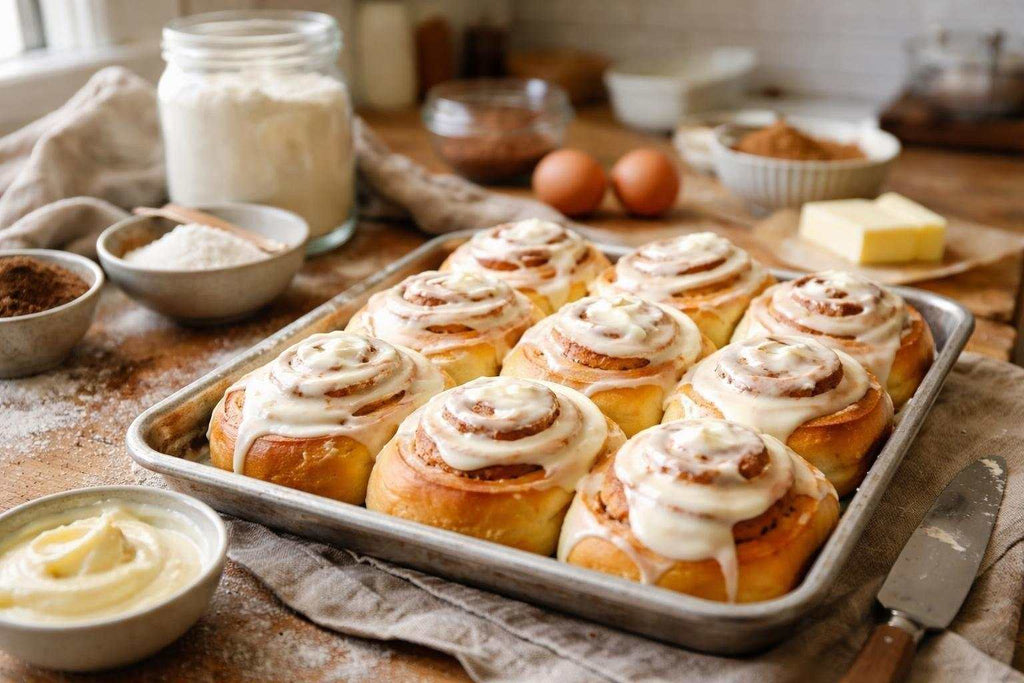 Close-up of soft cinnamon rolls with cream cheese frosting, showcasing New Zealand-style baking and ingredient quality.