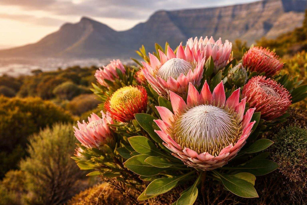 Comparison of different protea flower varieties native to South Africa's fynbos region