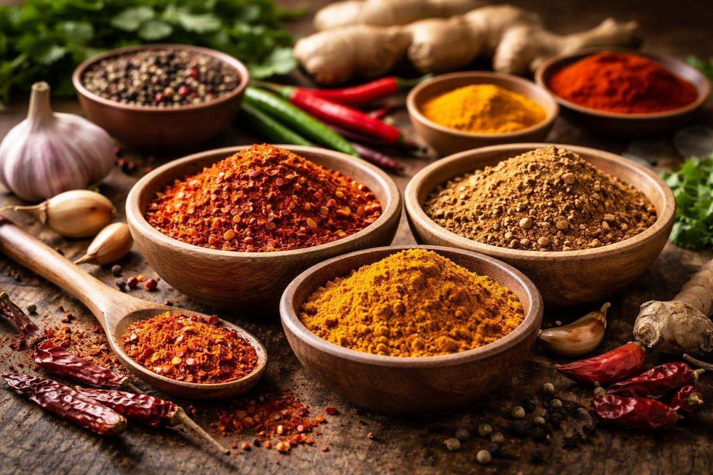 Assortment of authentic South African southern spices in colorful bowls showcasing traditional flavors