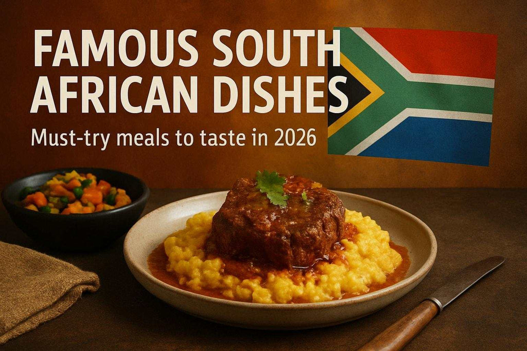 High-quality realistic photograph showcasing a colorful variety of famous South African dishes representing vibrant cuisine