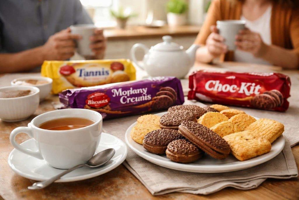Assorted South African biscuits chocolate varieties including Romany Creams, Choc-Kits, and Tennis Biscuits representing traditional favourites in New Zealand