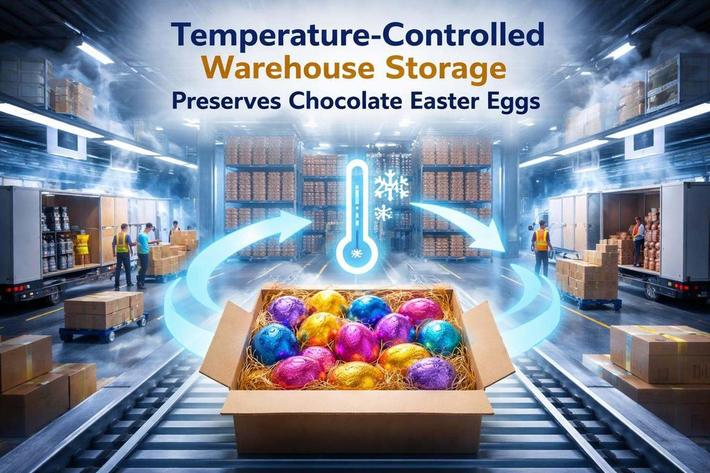 Temperature and humidity control zones in Easter eggs warehouse storage facility