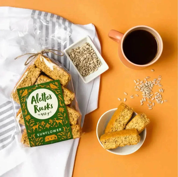 Alette’s Rusks Bran Sunflower 450g pack with sunflower seeds and resealable packaging